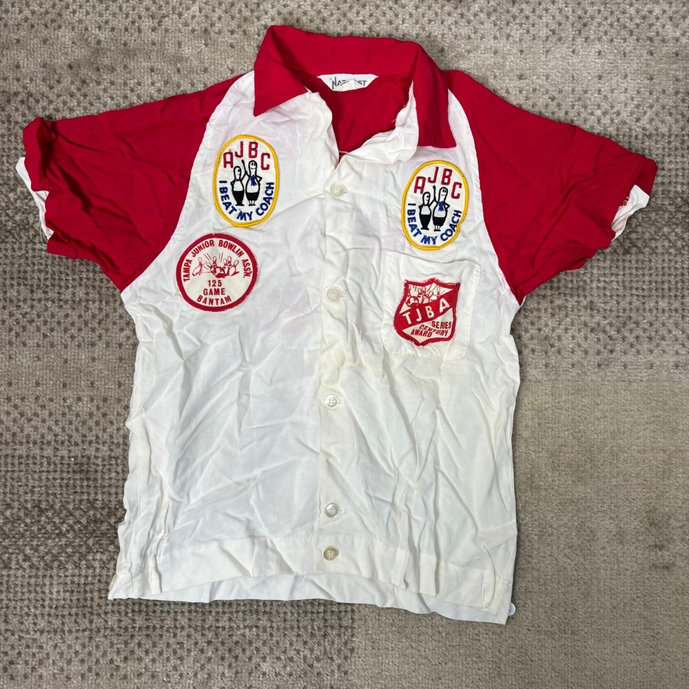 Vintage Nat‎ Nast Kids Bowling Shirt White Red MacDill Lanes AJBC Patches 15X20